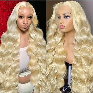 26” Bleach Blonde Body Wave 13x6 HD Lace Front Wig Human Hair 200% Density #CD1
